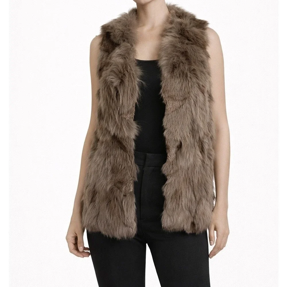 Anthropologie THE CUE Faux Fur Vest Brown Boho Layering Jacket Size S